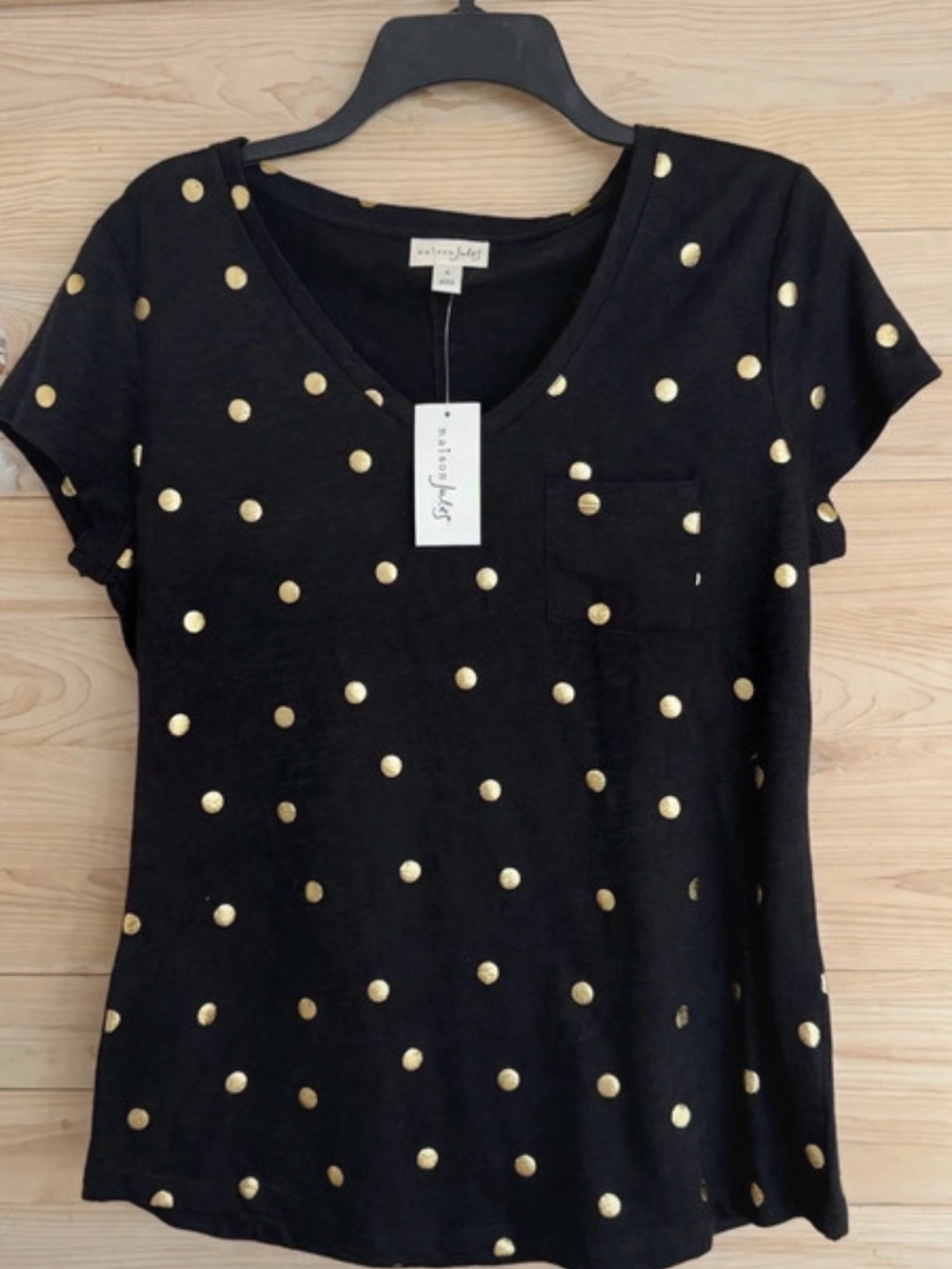 Maison Jules Women's Black V-Neck Tee with Gold Polka Dots